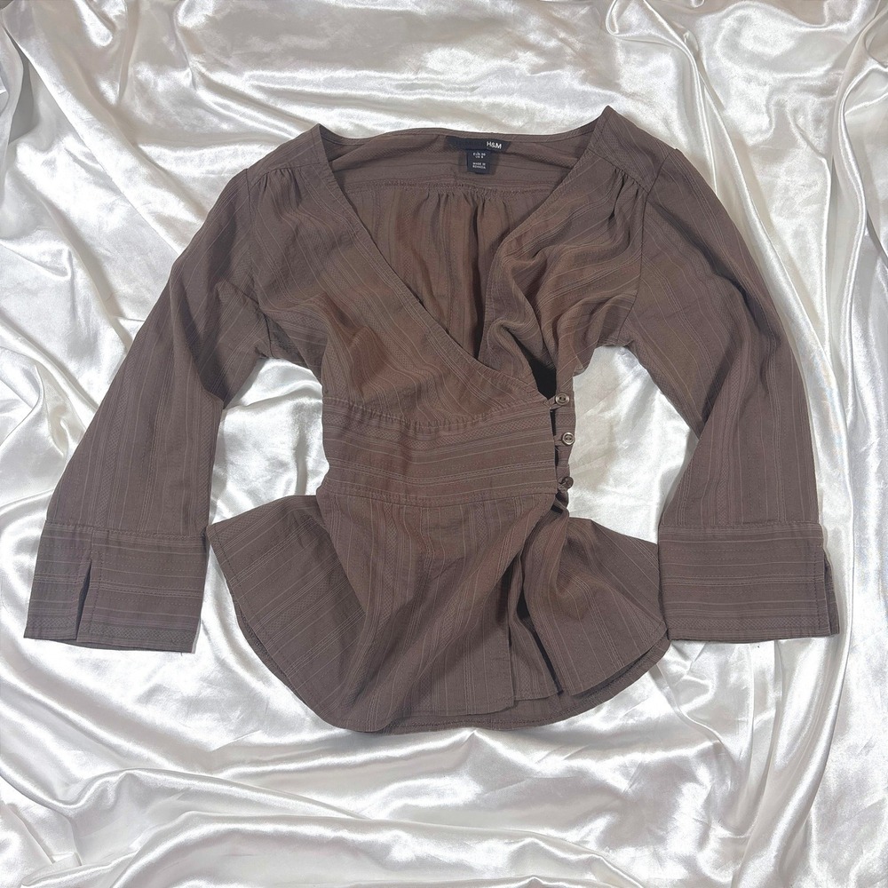 y2k Blouse Brown Excellent H&M Surplice Wrap Peplum Textured Stripe Top US 6